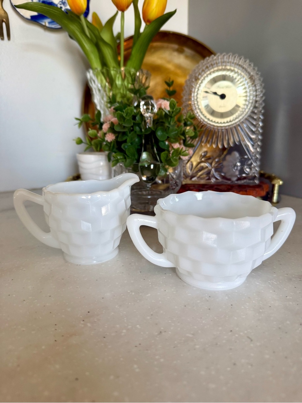 White Milk Glass Creamer and Sugar Set - Classic Checker Pattern